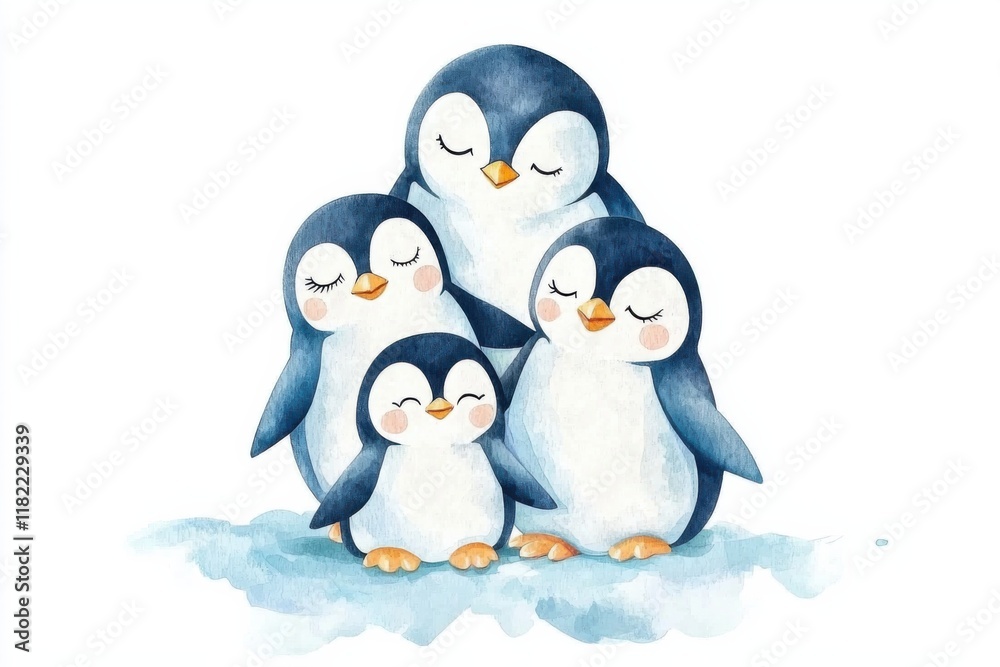Obraz premium Adorable watercolor penguins family arctic setting illustrative art cute environment whimsical viewpoint