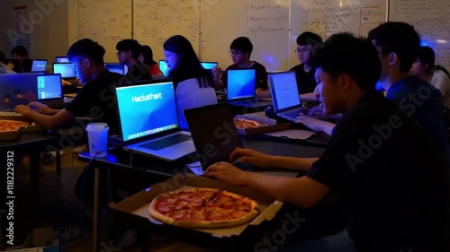 Students Collaborate on Projects During an Intense Night Hackathon With Pizza and Laptops