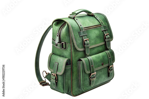 Green Leather Backpack with Multiple Compartments and Metal Buckles on Transparent Background photo