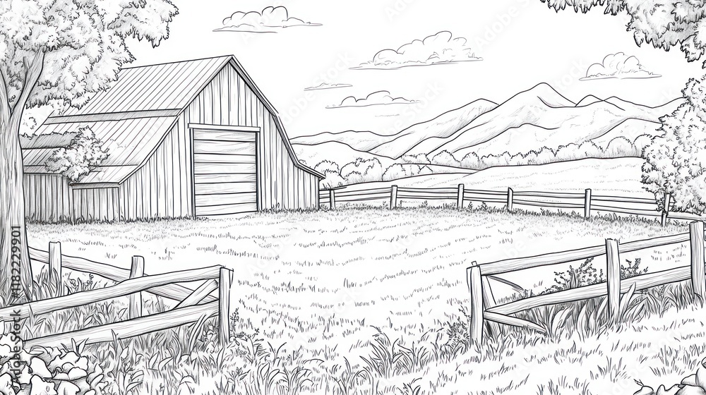 Fototapeta premium Rural barn, idyllic valley, sketch, farm, peaceful scene, book illustration