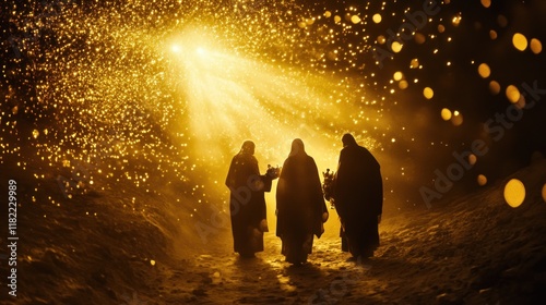 Three figures walk in snowy night, golden sparks