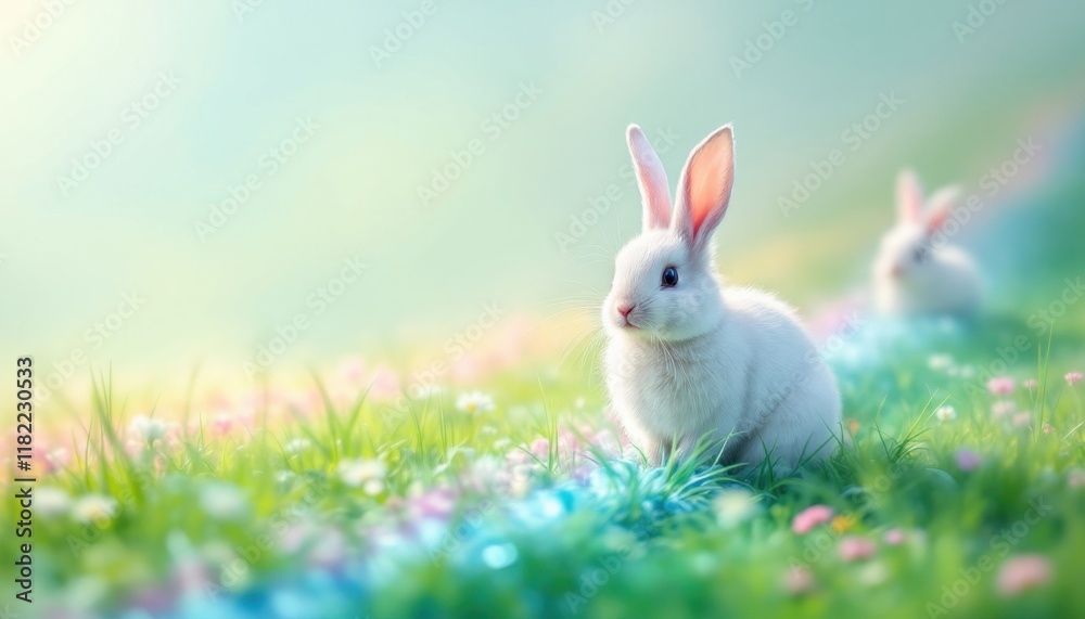 Obraz premium Serene white rabbits in lush meadow with colorful blossoms