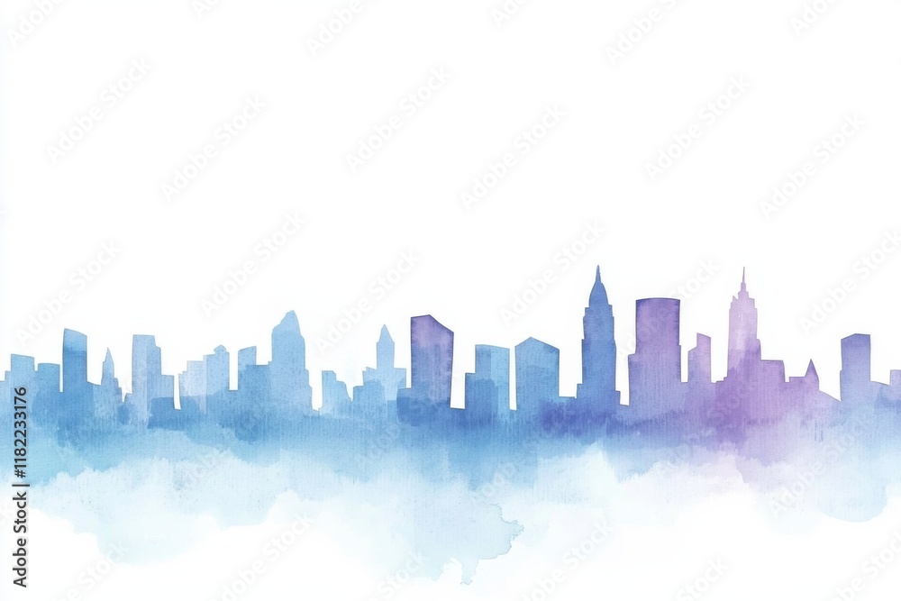 Fototapeta premium Watercolor cityscape silhouette urban skyline digital artwork contemporary aerial view creative expression