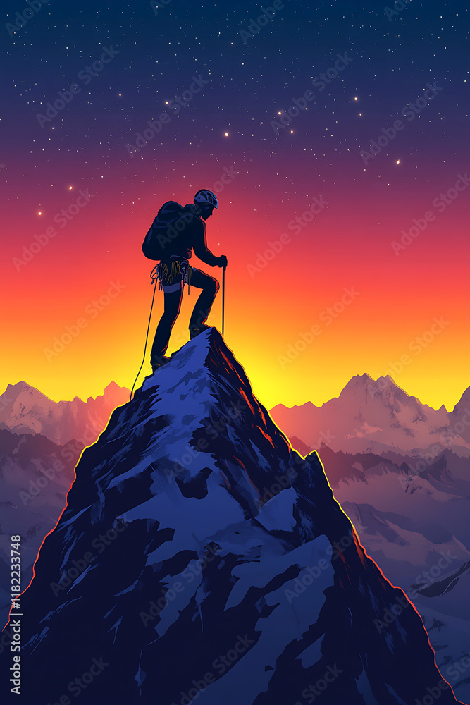 A climber stands on a mountain peak at sunset, symbolizing adventure and achievement. A climber stands on a mountain peak at sunset, symbolizing adventure and achievement.