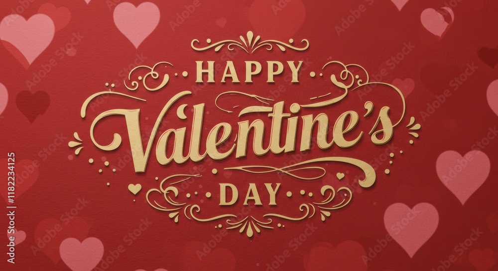 Happy Valentine's Day Greeting: A vibrant red background adorned with delicate pink hearts, a golden inscription of Happy Valentine's Day Greeting: A vibrant red background adorned with delicate pink hearts, a golden inscription of
