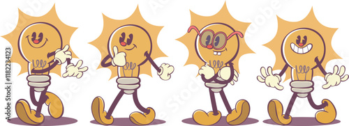 Light bulb character in retro groovy style