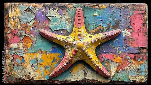 Colorful starfish on weathered, painted wood. photo