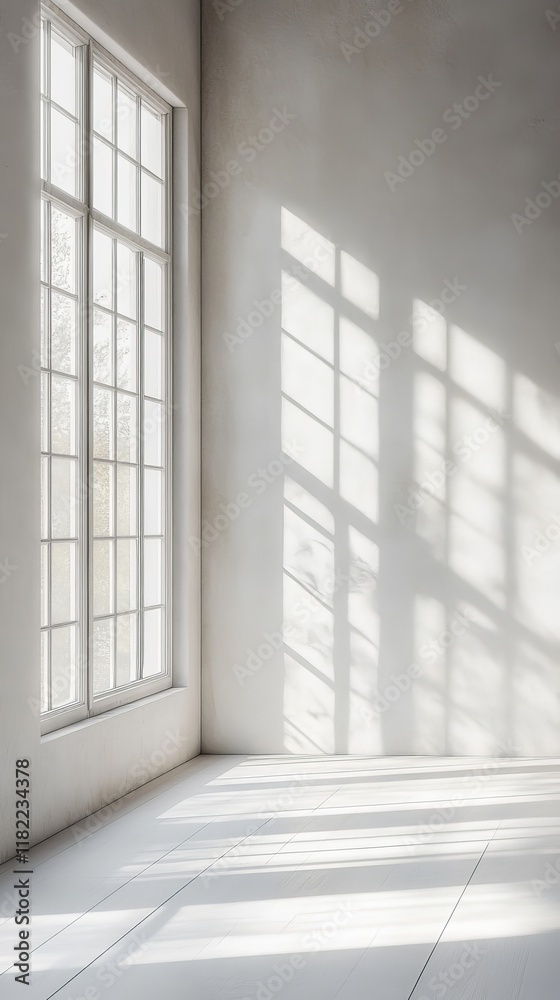 A clean, minimalist white studio room with sunlight and shadow patterns, ideal for creative designs. A clean, minimalist white studio room with sunlight and shadow patterns, ideal for creative designs.