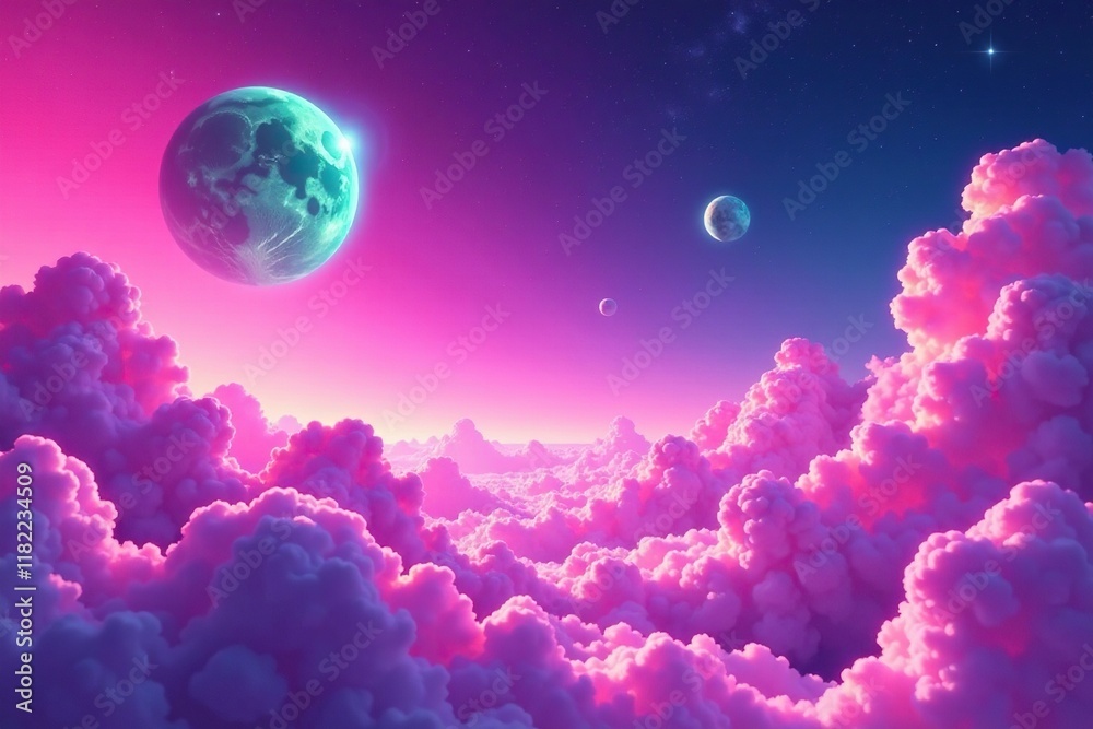 Fototapeta premium Pink neon fuchsia background sky with fluffy white clouds and bright green planets, space, cosmic scene