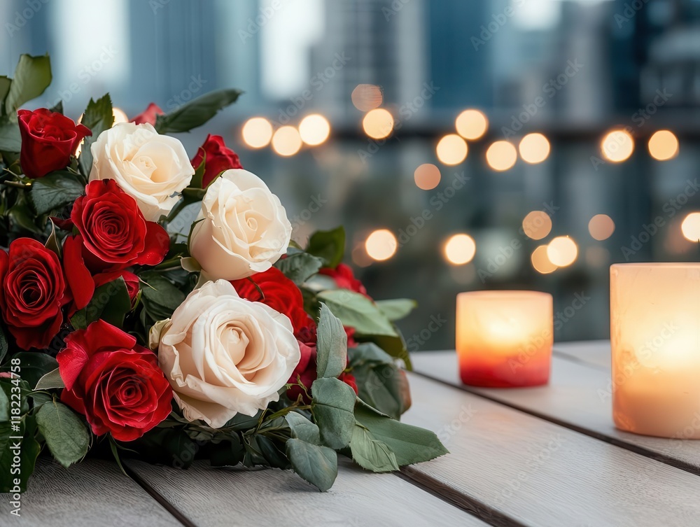 Obraz premium Valentinethemed observation deck on a towering building, adorned with roses and romantic lighting