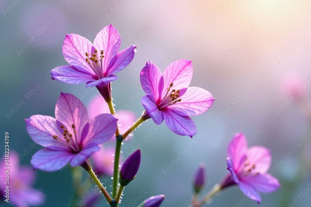 Fototapeta premium Purple flowers of Petrea volubilis blooming in the morning dew against a white background, morning, early morning, dewy petals