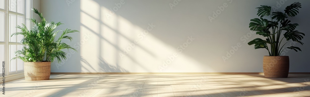 Fototapeta premium A clean, minimalist white studio room with sunlight and shadow patterns, ideal for creative designs.