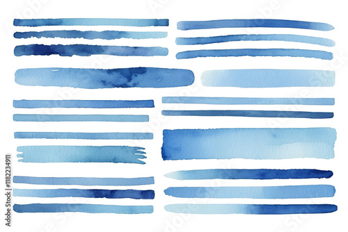 Set of blue watercolor stripes isolated on a white or transparent background