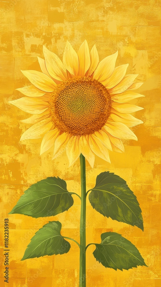 Naklejka premium A Single Sunflower Against A Golden Yellow Background