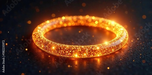 Shimmering aura enfolds glittering golden ring in shadows, glowing, enfolds