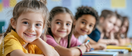 primary elementary school group of children studying in the classroom. learning and sitting at the desk. young cute kids smiling, high quality photo