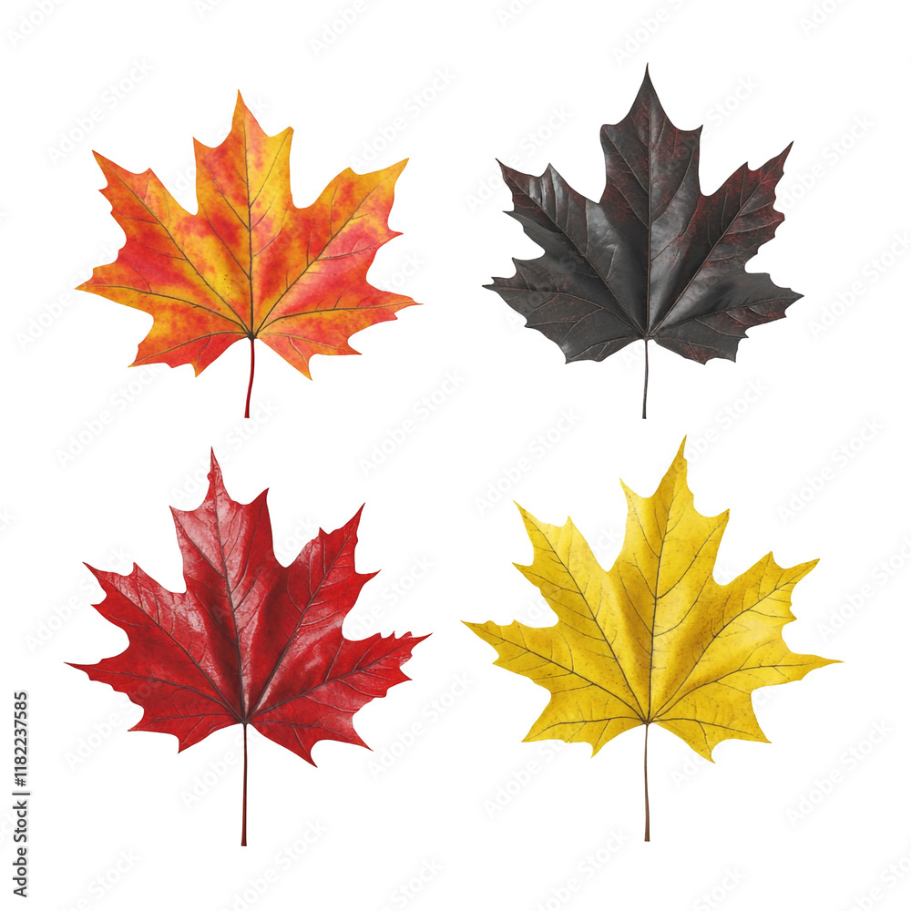 Fototapeta premium Autumn Leaves Collection: A vibrant display of fall foliage, showcasing four maple leaves in diverse autumnal colors.