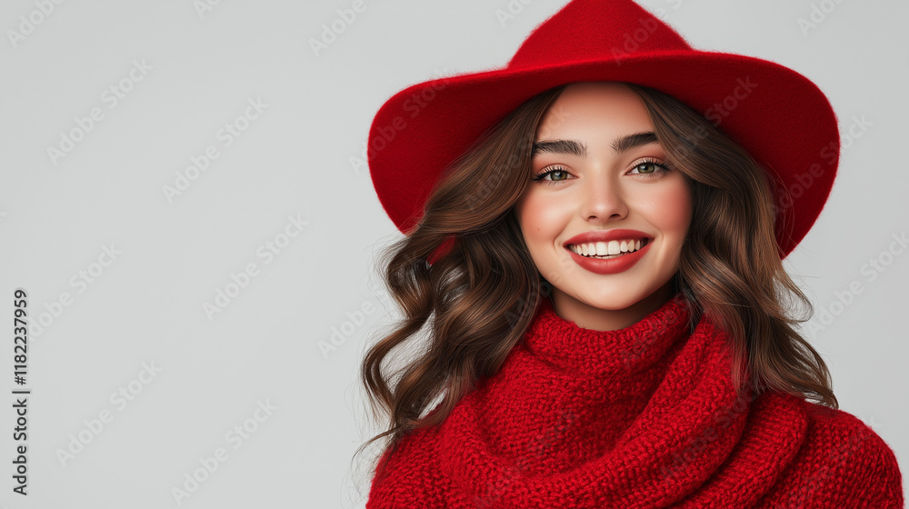 Smiling woman wearing stylish red hat and knit sweater, modern winter fashion concept, warm tones and cheerful vibe, close-up portrait Smiling woman wearing stylish red hat and knit sweater, modern winter fashion concept, warm tones and cheerful vibe, close-up portrait
