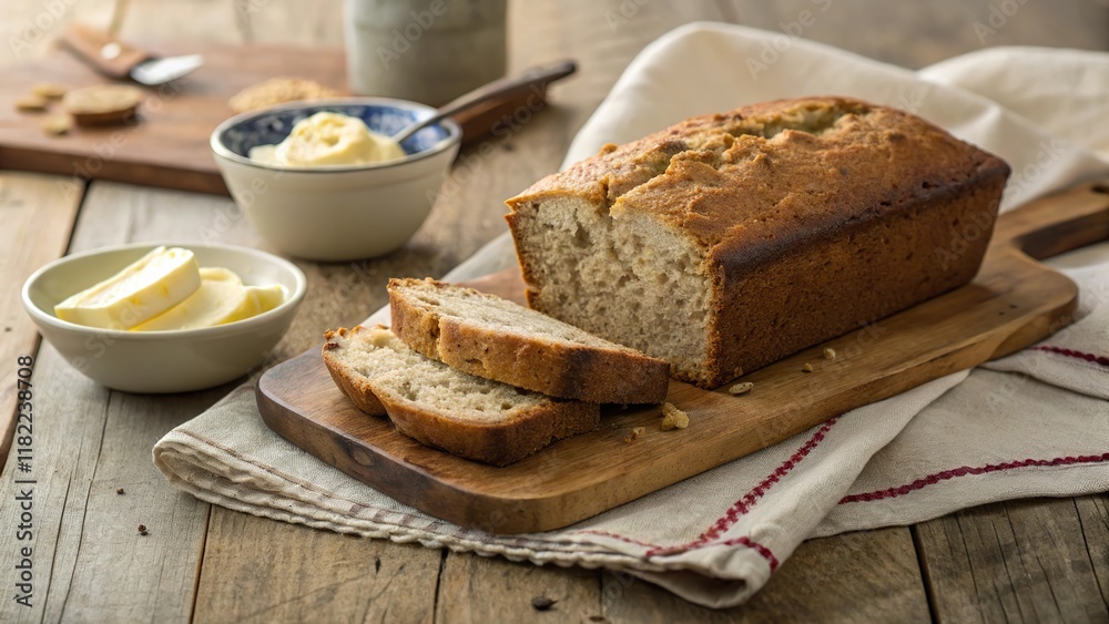 Deliciously rustic banana bread loaf displayed on a wooden board with butter and slices ready to enjoy in a cozy kitchen setting Deliciously rustic banana bread loaf displayed on a wooden board with butter and slices ready to enjoy in a cozy kitchen setting