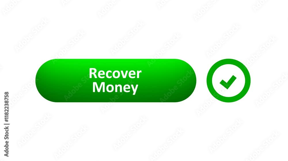 3D Rendered Animation of 'Recover Money' Button Clicked by Computer Mouse with Color-Changing Effect and Confirmation Tick 3D Rendered Animation of 'Recover Money' Button Clicked by Computer Mouse with Color-Changing Effect and Confirmation Tick