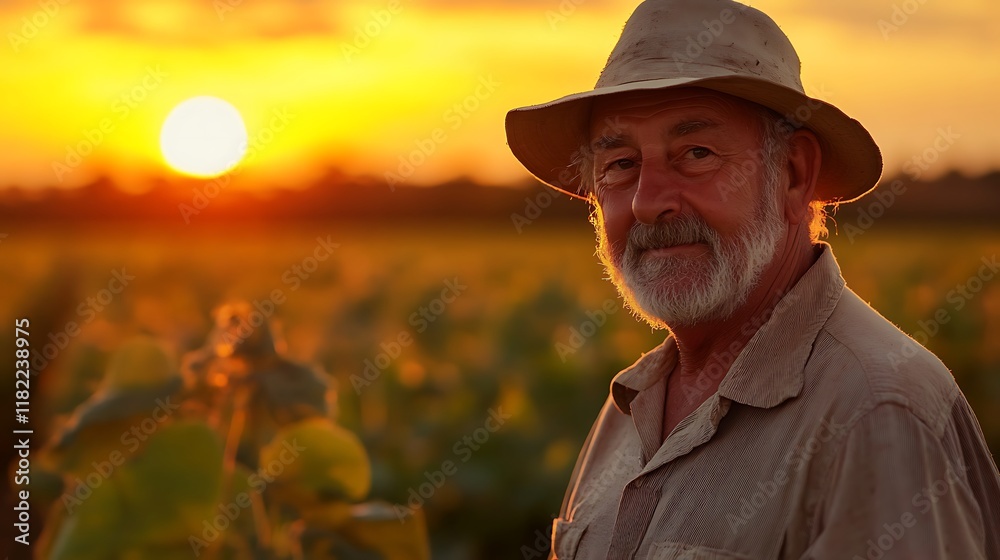 Obraz premium Senior farmer standing in golden soybean field during beautiful sunset