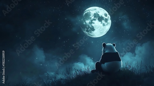 Pregnant bear or panda sitting on grass and looking at the full moon