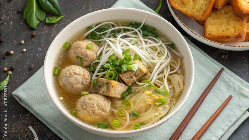 Savory bakso soup with tender meatballs and fresh noodles in a cozy setting Savory bakso soup with tender meatballs and fresh noodles in a cozy setting