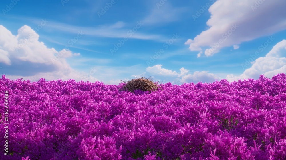Nestled Bird Nest in Purple Flower Field Under Blue Sky Nestled Bird Nest in Purple Flower Field Under Blue Sky