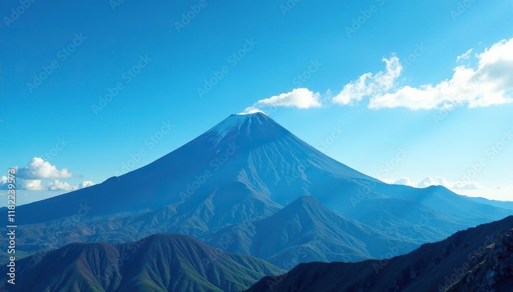 Fototapeta premium Volcanic peak silhouetted against bright blue sky with wispy clouds, blue sky, volcanic peak