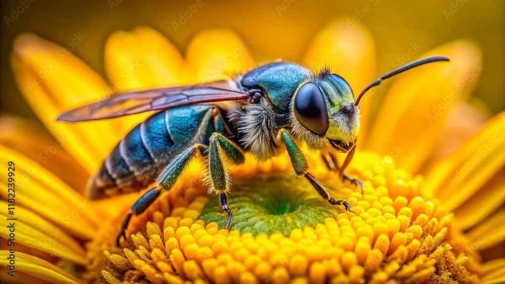 Tiny Lasioglossum Sweat Bee on Yellow Flower, Closeup Macro Photography