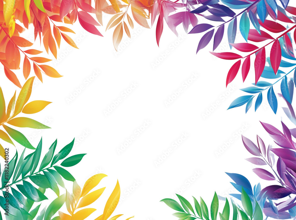 Obraz premium Colorful leaves serve as a background frame in a presentation design, with an empty space in the center. The background is white.