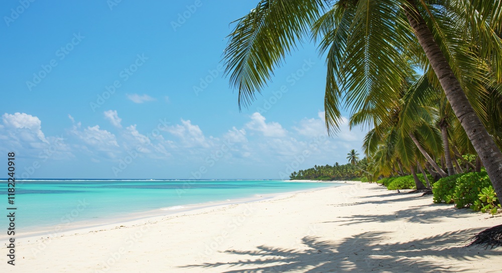 Obraz premium Tropical Beach Escape, A perfect tropical beach escape with white sand, turquoise water, and swaying palm trees.