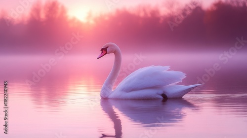 Fototapeta Naklejka Na Ścianę i Meble -  Serene swan on calm pink sunrise lake.