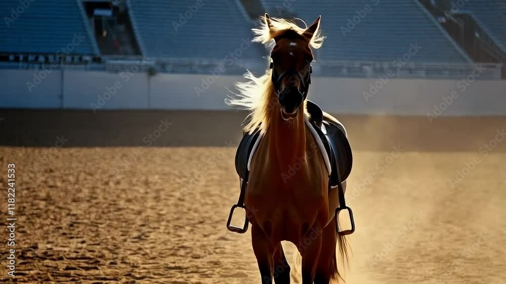Majestic Horse Trotting in an Arena During Sunset With Dust Rising Around