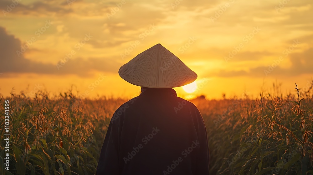 Fototapeta premium Back view of elderly farmer in wide-brimmed hat in soybean field at sunset