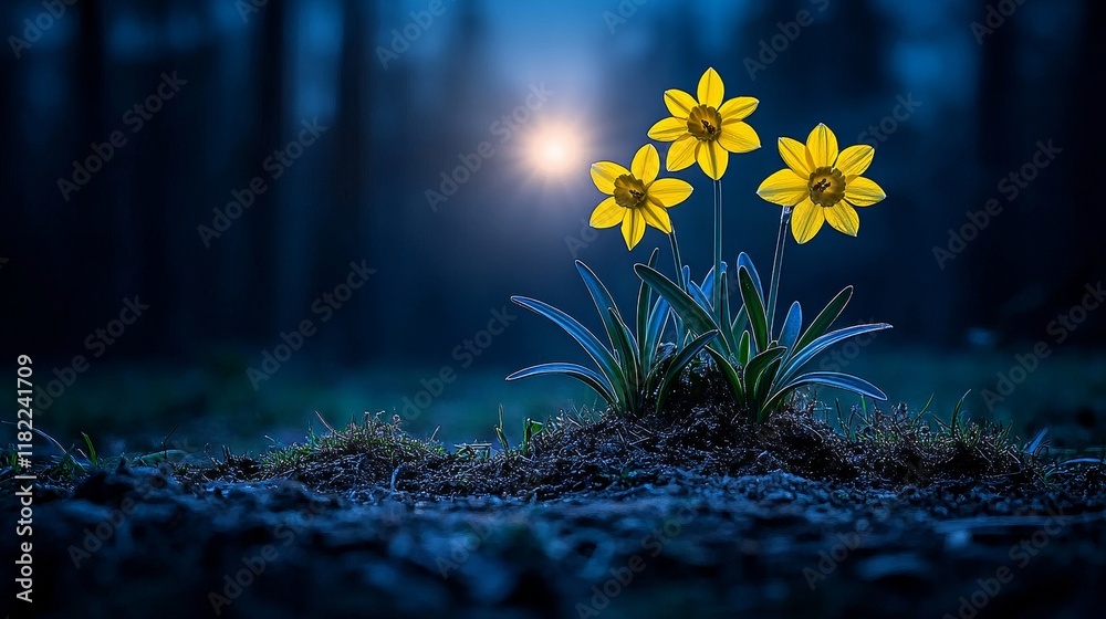 custom made wallpaper toronto digitalNight Blooms Three Daffodils in Dark Forest