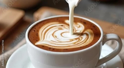 Fresh Milk Cascading into Dark Coffee Forming a Creamy Swirl in the Mug