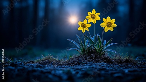 Wallpaper Mural Night Blooms Three Daffodils in Dark Forest Torontodigital.ca