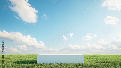 Clean white podium placed on a lush green grass field under a clear blue sky, creating a serene display scene.