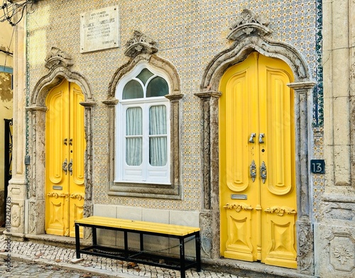 Beautiful doors in a typical cubist old town house in Olhão on the Algarve in Portugal