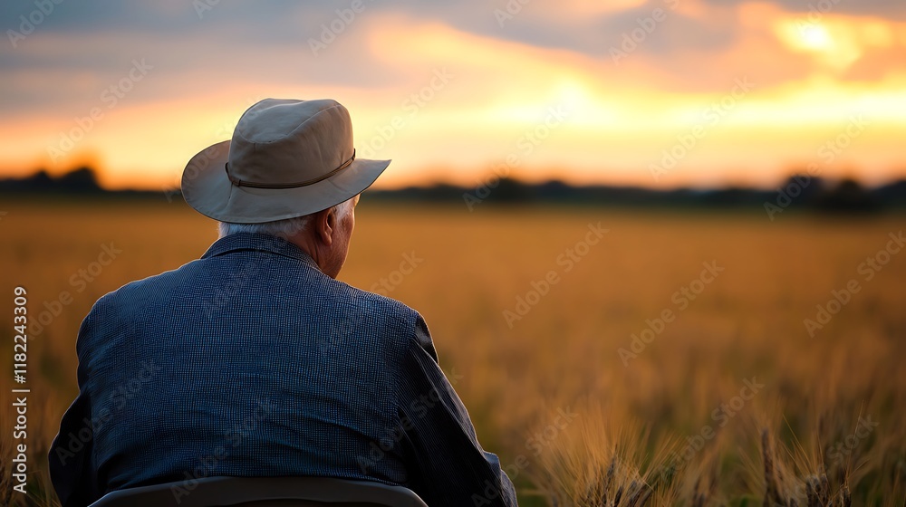 Rear view of senior farmer with contemplative stance in soybean field at dusk Rear view of senior farmer with contemplative stance in soybean field at dusk