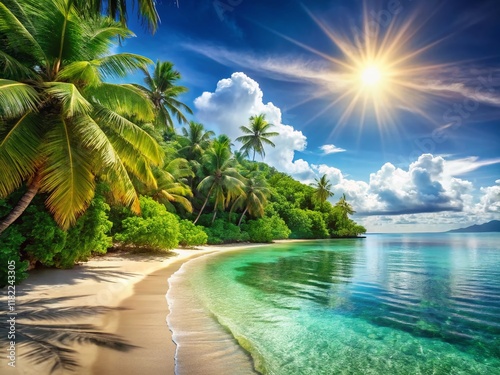 Tropical Beach Paradise: Golden Sands, Turquoise Waters, Lush Greenery - Vacation Relaxation