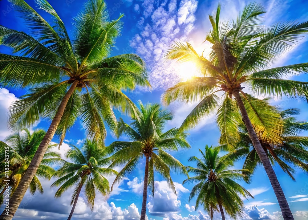 Tropical Paradise: Four Palm Trees Against a Vibrant Blue Sky Tropical Paradise: Four Palm Trees Against a Vibrant Blue Sky