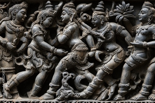 The vivid details of a Hindu temple's carvings, depicting scenes from ancient epics, photo