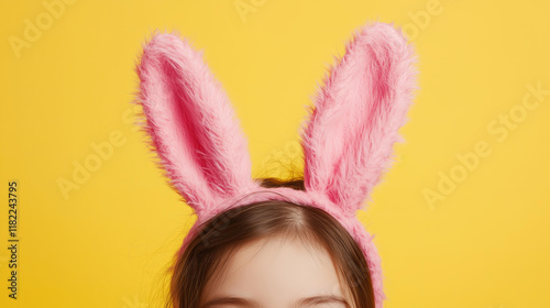 Wallpaper Mural fun, playful close-up of a young girl wearing a fluffy bunny headband with pink ears, set against a solid vibrant yellow background.  Torontodigital.ca