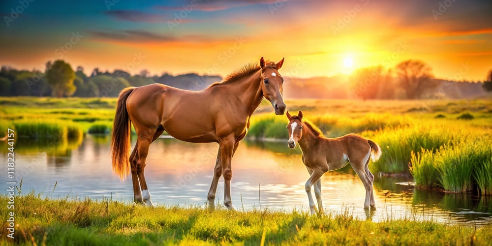 Tultepec, Mexico: A heartwarming image of a foal and its mother, sharply detailed with a stunning high depth of field, showcasing the lush Mexican landscape. Tultepec, Mexico: A heartwarming image of a foal and its mother, sharply detailed with a stunning high depth of field, showcasing the lush Mexican landscape.