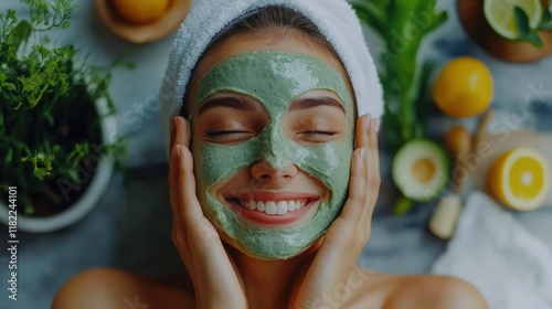 Woman enjoys facial mask, spa day, kitchen ingredients, wellness photo