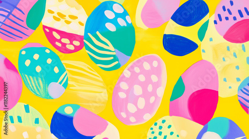 Colorful, hand-painted Easter eggs with playful geometric and abstract patterns such as triangles, dots, and squiggly lines, set against a bright yellow background.  
