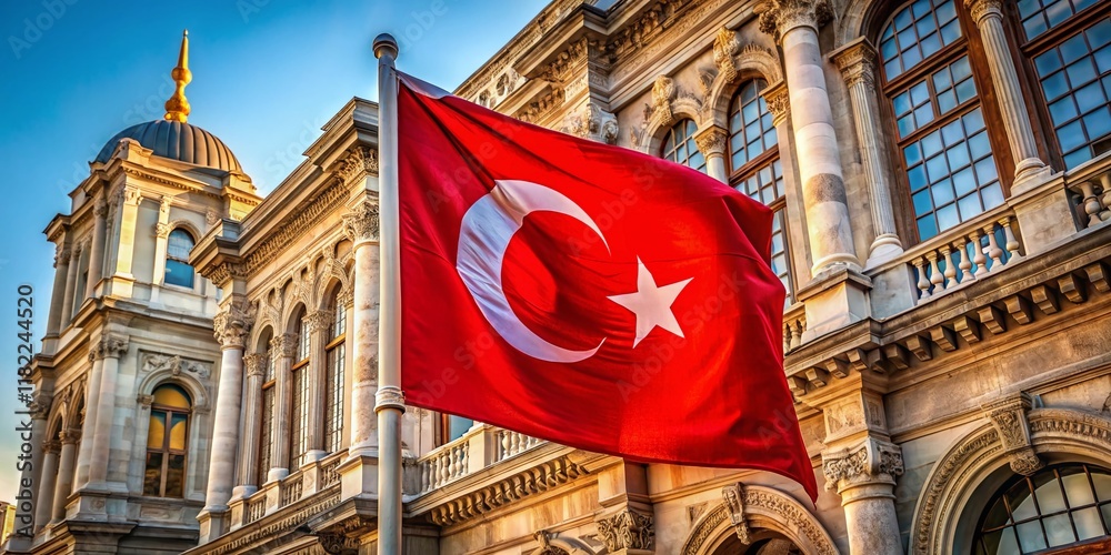 Fototapeta premium Turkish Flag, Red and White Crescent, Architectural Detail, Istanbul Skyline, Historic Building