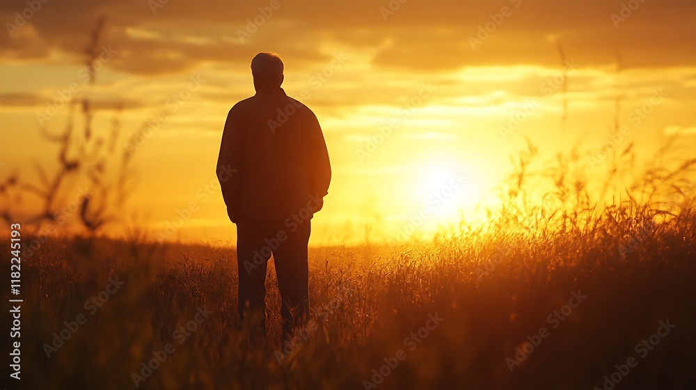 Sunset casting a warm glow over senior farmer standing among soybeans Sunset casting a warm glow over senior farmer standing among soybeans